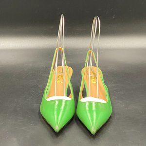 FSJ green leather pointy toe kitten low heels slingback pumps shoes